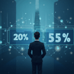 Ejecutivo en Tokio observa un gráfico fiscal digital con 20% y 55% tachado, rodeado de redes blockchain y ETF.