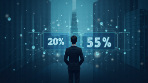 Ejecutivo en Tokio observa un gráfico fiscal digital con 20% y 55% tachado, rodeado de redes blockchain y ETF.