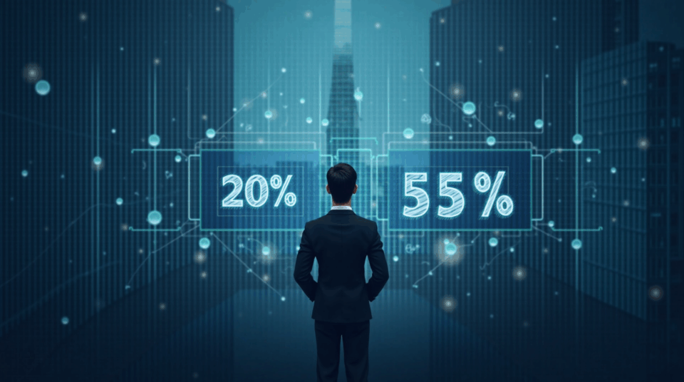 Ejecutivo en Tokio observa un gráfico fiscal digital con 20% y 55% tachado, rodeado de redes blockchain y ETF.