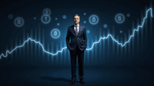 Retrato fotorrealista de CEO cripto en traje, en sala de noticias con logotipos holográficos y gráficos ascendentes.