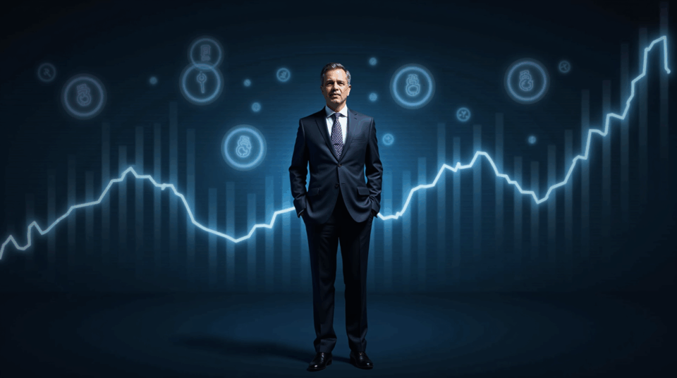 Retrato fotorrealista de CEO cripto en traje, en sala de noticias con logotipos holográficos y gráficos ascendentes.