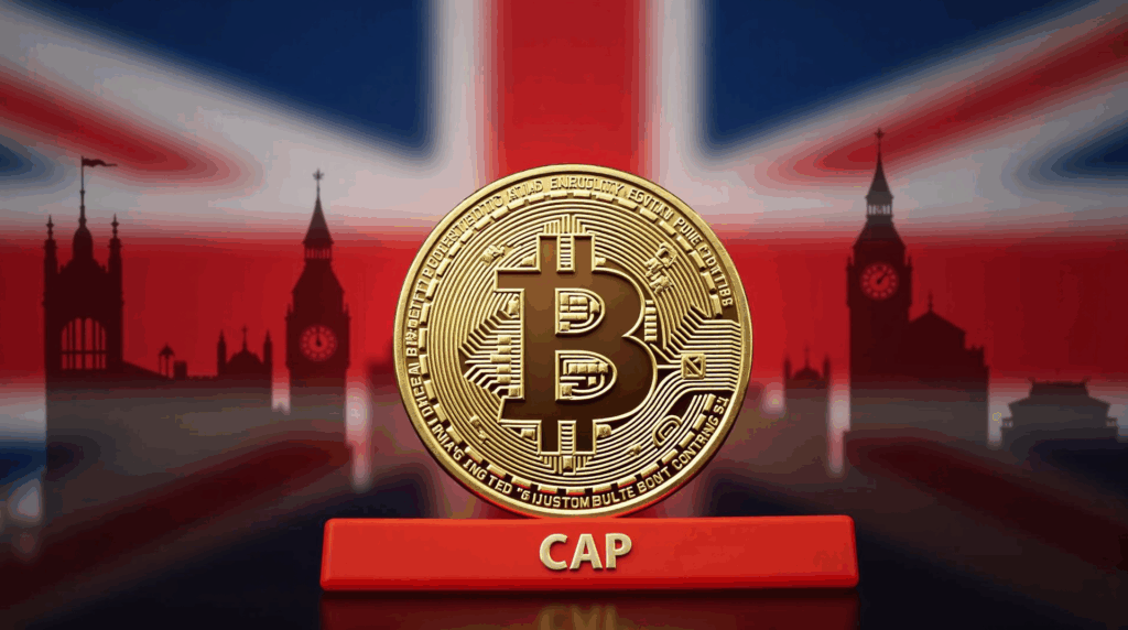 Encabezado fotorealista: stablecoin digital en primer plano, bandera del Reino Unido y barrera roja CAP frente al BoE.