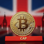 Encabezado fotorealista: stablecoin digital en primer plano, bandera del Reino Unido y barrera roja CAP frente al BoE.