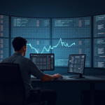 Trader concentrado en un estudio moderno, pantallas con tickers de altcoins y siluetas de ballenas en temporada.