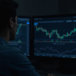 Trader en una sala de noticias analizando gráficos de Bitcoin en pantallas, destacando 112k-118k y 106k.