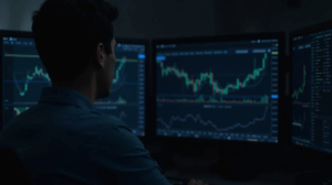 Trader en una sala de noticias analizando gráficos de Bitcoin en pantallas, destacando 112k-118k y 106k.