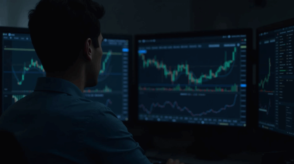 Trader en una sala de noticias analizando gráficos de Bitcoin en pantallas, destacando 112k-118k y 106k.