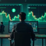 Trader frente a una pantalla con gráfico verde de Bitcoin y logotipo, en un entorno futurista de noticias