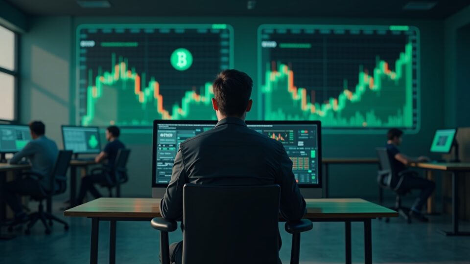 Trader frente a una pantalla con gráfico verde de Bitcoin y logotipo, en un entorno futurista de noticias