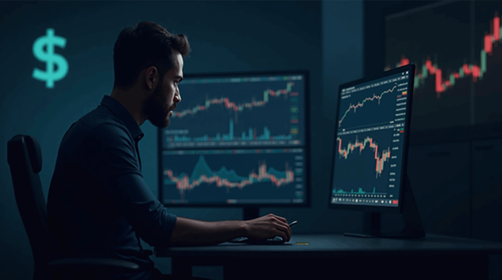 Trader de criptomonedas en un escritorio moderno, pantallas con BTC y ETH en caída y el índice del dólar al alza.