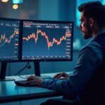Trader fotorealista en escritorio moderno con tres pantallas mostrando gráficos de COIN, MIGI y ELWS y Coinbase Prime
