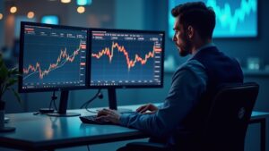 Trader fotorealista en escritorio moderno con tres pantallas mostrando gráficos de COIN, MIGI y ELWS y Coinbase Prime