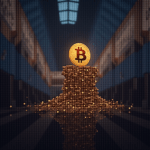 Bitcoin sube en una sala de negociación tipo Nasdaq, con rigs de minería al fondo y toques de bandera estadounidense.