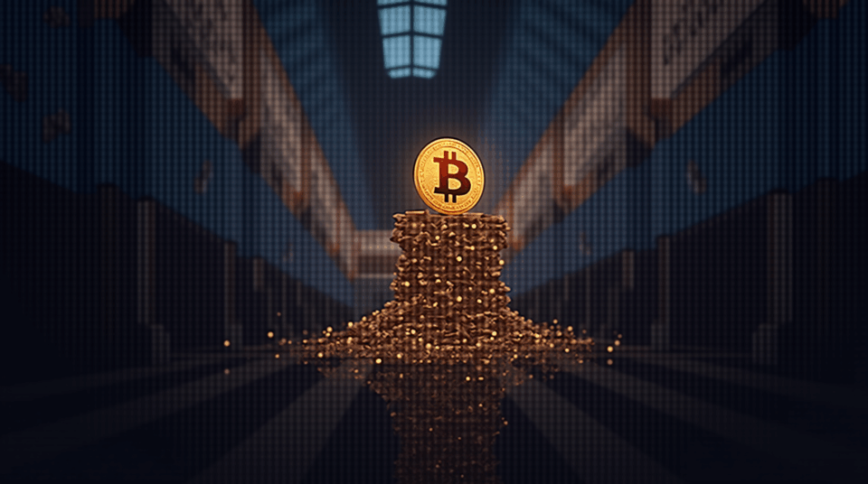 Bitcoin sube en una sala de negociación tipo Nasdaq, con rigs de minería al fondo y toques de bandera estadounidense.