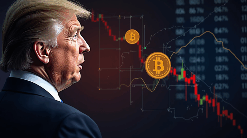 Figura política en primer plano, pantallas de Nasdaq y símbolos ABTC al alza, reflejando influencia y volatilidad.