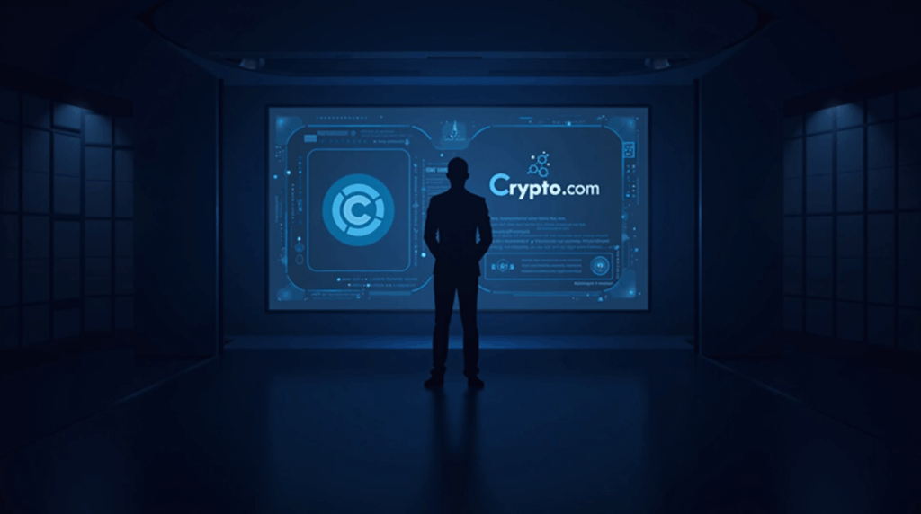 Silueta de un ejecutivo frente a una pantalla holográfica con tokens CRO y el logo Crypto.com, rodeada de símbolos de gobernanza.