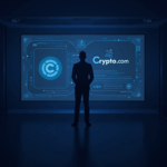 Silueta de un ejecutivo frente a una pantalla holográfica con tokens CRO y el logo Crypto.com, rodeada de símbolos de gobernanza.