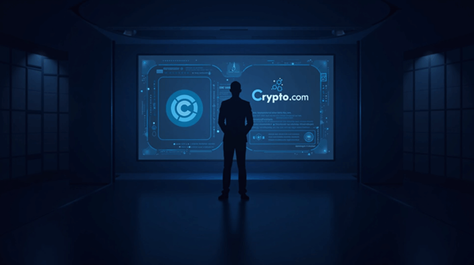 Silueta de un ejecutivo frente a una pantalla holográfica con tokens CRO y el logo Crypto.com, rodeada de símbolos de gobernanza.