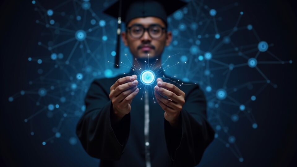 Estudiante sostiene diploma digital brillante; nodos de blockchain iluminan el fondo, simbolizando credenciales on-chain.