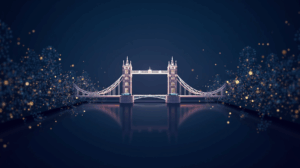 Encabezado de puente blockchain entre Londres y Washington con nodos brillantes, flujos de datos e iconos regulatorios.