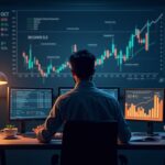 Trader en escritorio con gráficos BTC alcistas, calendario de octubre y métricas on-chain, con iconos de ETF y regulación.
