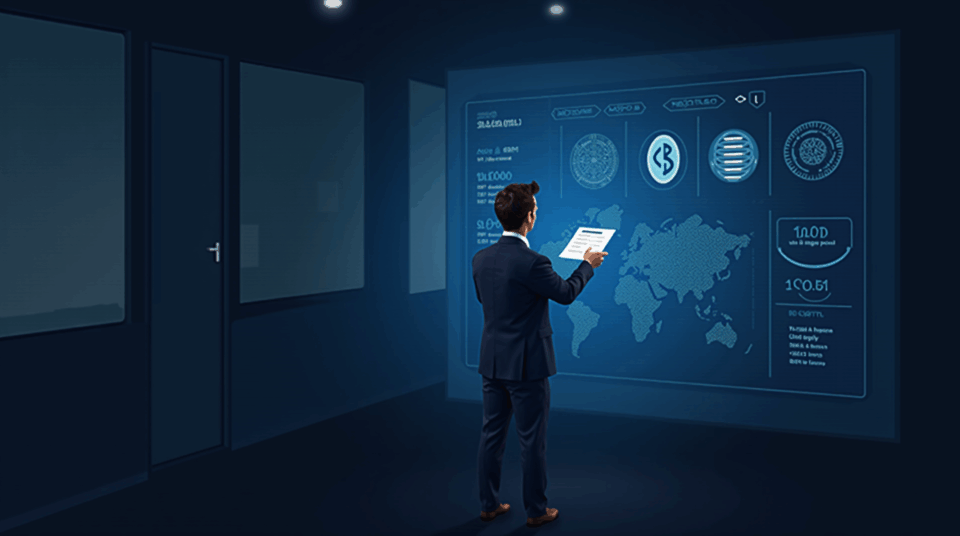Portada fotorrealista con figura central, tablero de blockchain y USDH; destaca gobernanza por validadores y escrutinio regulatorio.