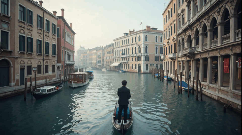 Venecia: arquitectura histórica, MOSE y superposiciones tecnológicas, con figura central uniendo patrimonio e innovación.