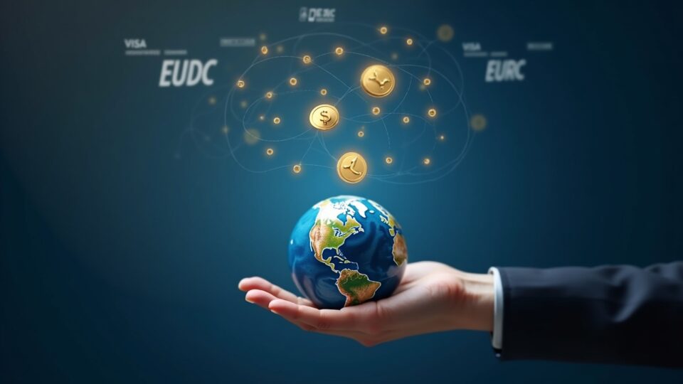 Mano corporativa transfiriendo tokens digitales al globo a través de Visa Direct, logotipos USDC y EURC visibles, liquidación instantánea
