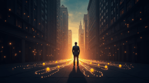 Horizonte de Wall Street con flujos de colateral tokenizado y stablecoins, una figura central guía el flujo.