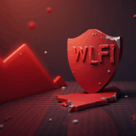 Gráfico realista de WLFI con caída de precio, escudo de seguridad roto, phishing y fondo de noticias institucionales.