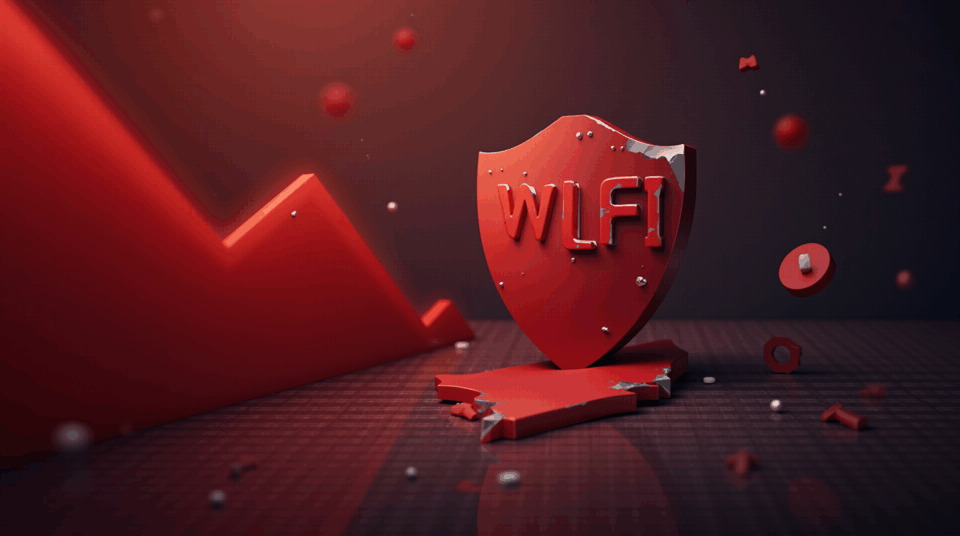 Gráfico realista de WLFI con caída de precio, escudo de seguridad roto, phishing y fondo de noticias institucionales.
