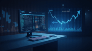 Encabezado de noticias cripto realista: mesa de trading, gráfico WLFI en ascenso y direcciones de ballenas con estética futurista.