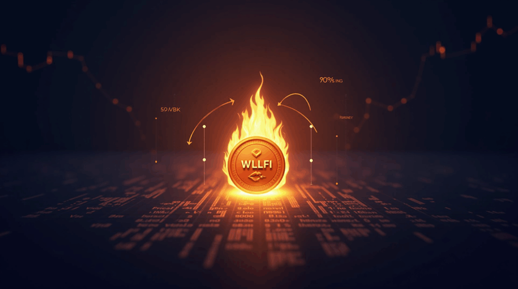 WLFI quemado en blockchain con flechas de recompra y gráfico de votación del 99,8% sobre tres redes.
