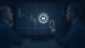 WLFI en pantalla de cristal, reguladores desenfocados y tickers cripto al fondo, sugiriendo debut DeFi bajo escrutinio.