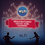 Encabezado cripto fotorrealista con logo WLFI, cadenas de blockchain, banda regulatoria roja y siluetas de inversores.