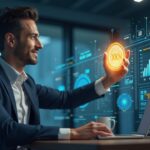 CEO fintech confiado en oficina moderna, datos holográficos de pagos y token XMN brillante.