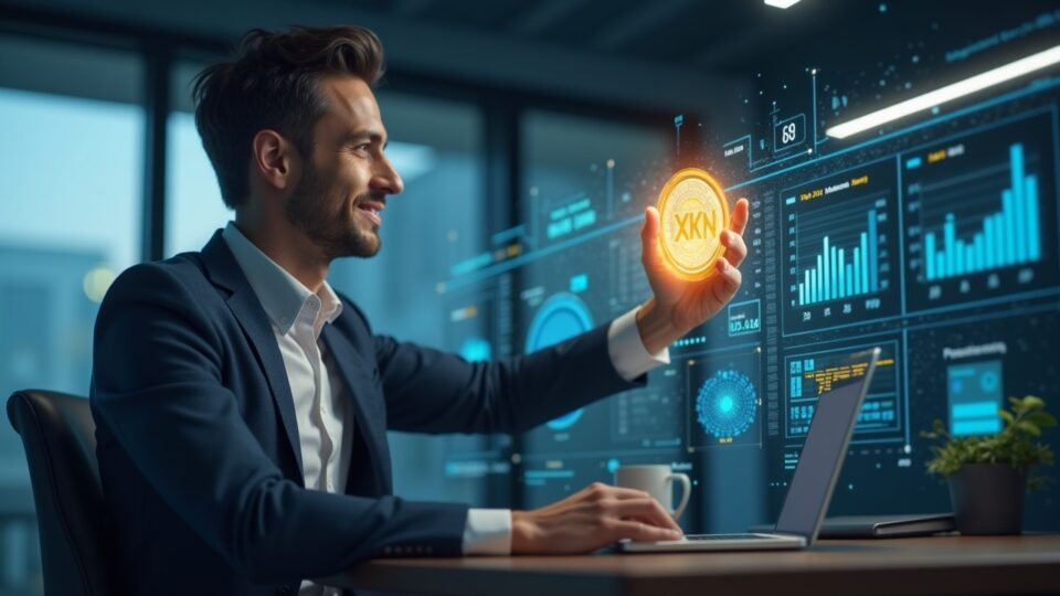 CEO fintech confiado en oficina moderna, datos holográficos de pagos y token XMN brillante.
