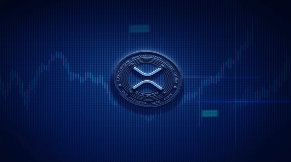 Moneda XRP fotorealista en el centro, halo regulatorio, pantallas de tickers y fondo estilo Cboe con iluminación azul