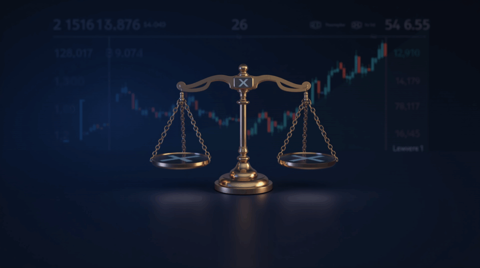 Encabezado cripto realista: logo XRP entre balanzas regulatorias y gráfico de mercado volátil.