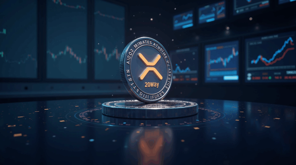 Token XRP en un centro de trading con calendario SEC 2025, pantallas mostrando futuros CME e interés institucional