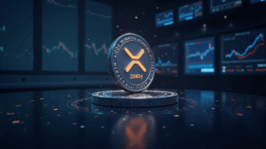Token XRP en un centro de trading con calendario SEC 2025, pantallas mostrando futuros CME e interés institucional