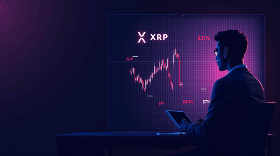 Gráfico de XRP con soporte en 2.70 y objetivo en 3.70, analista en sala de noticias con acentos neón