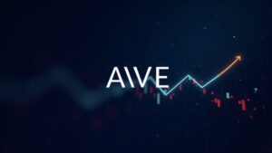 Logo de AAVE con flecha de caída del 8% frente a un gráfico cripto tenue y una red DeFi de activos del mundo real.