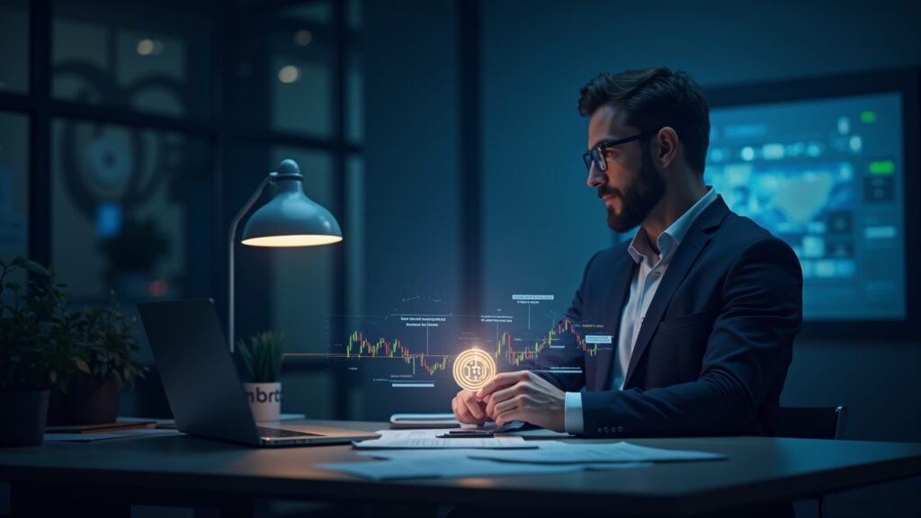 Periodista en escritorio con token AAVE holográfico, gráficos de mercados y cronograma TWAMM