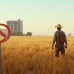 Agricultor en un campo de Abu Dhabi, con minería de criptomonedas a lo lejos y un símbolo rojo de prohibición.