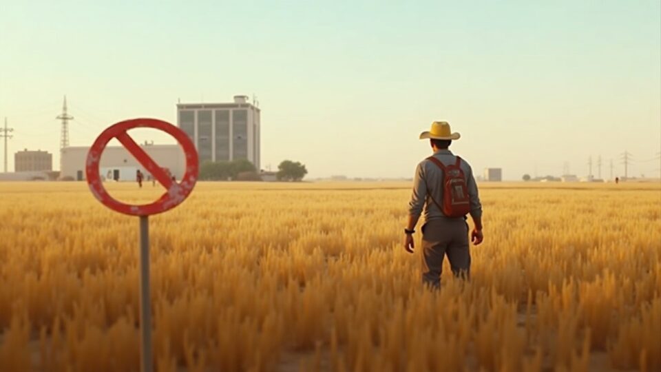 Agricultor en un campo de Abu Dhabi, con minería de criptomonedas a lo lejos y un símbolo rojo de prohibición.