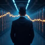 Ejecutivo en un centro de datos de alta tecnología, tras él minas de Bitcoin iluminadas y un gráfico ascendente.