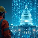 Trabajador AFL-CIO con colores del sindicato frente a un libro mayor holográfico de cripto que forma fachada gubernamental.