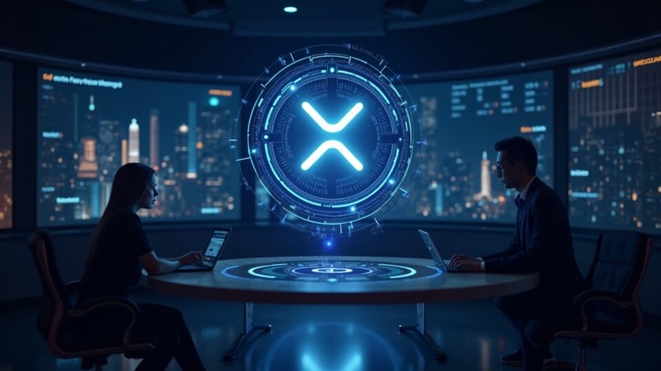 Holographic Alibaba Qwen AI in a high-tech newsroom guiding XRP toward $4.20 by 2026, with charts and fintech cues