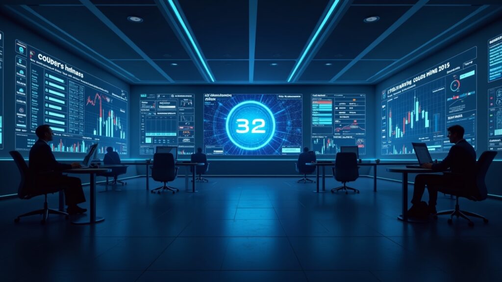 Noticiero cripto futurista: tablero central muestra el índice Altcoin Season en 32 y paneles de Bittensor, Zcash y DeXe.